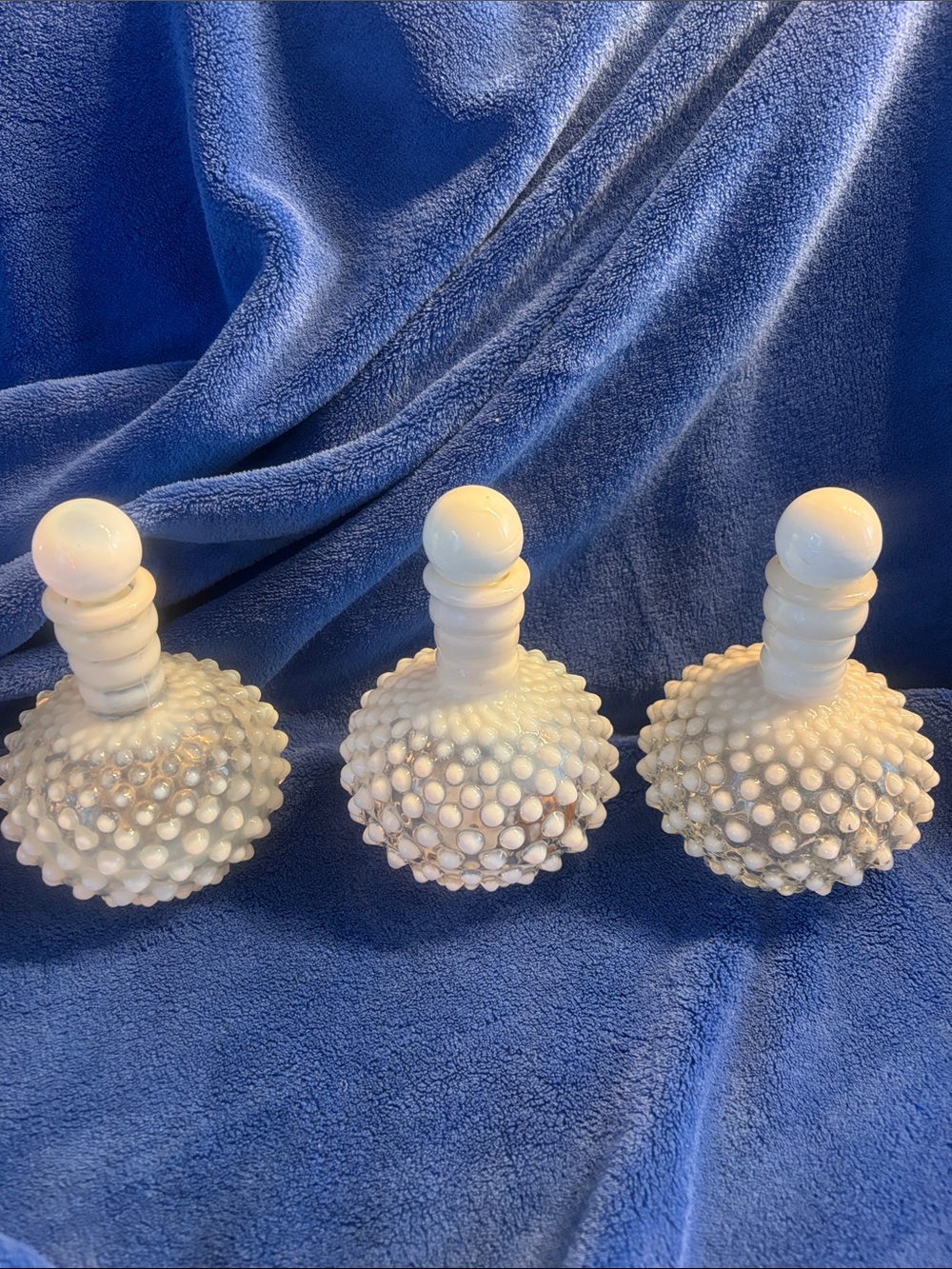 Set of 3 White Hobnail Milk Glass Perfume Bottles
